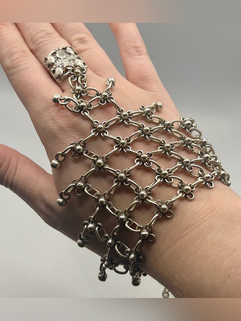 Silver-Tone Lattice Chain Hand Bracelet with Attached Ring - Adjustable